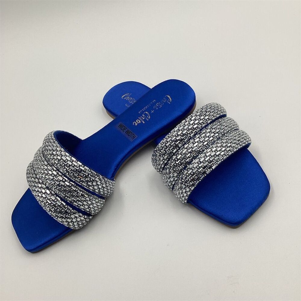 Women's Blue Rhinestone Embellished Flat Slides Size 9 W